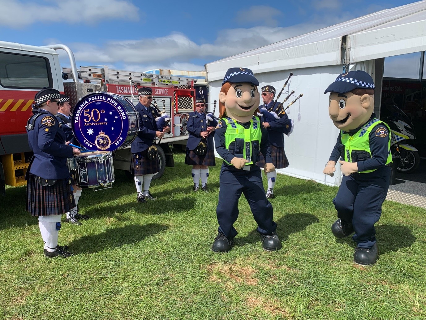 Tasmania Police Pipe Band with Tasmania Police Mascots at the Burnie Show